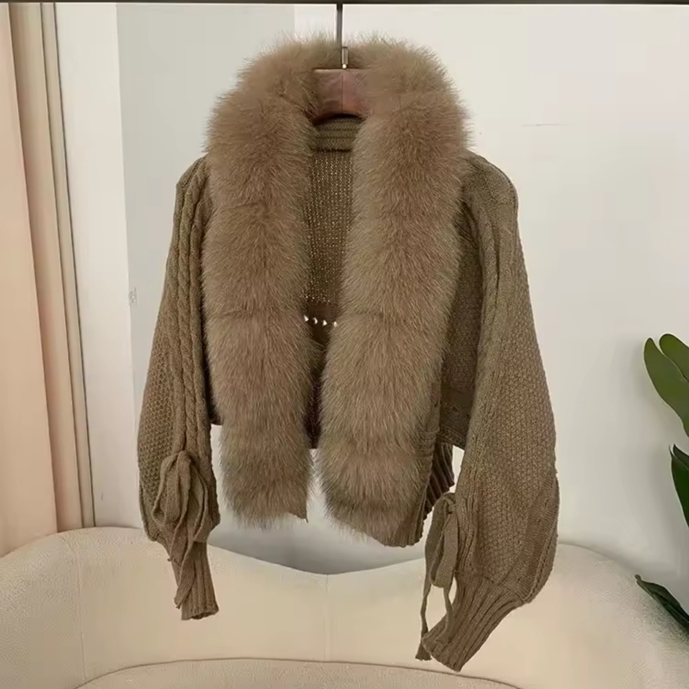 Fashion Knitting Cardigan Placket Coat Women Casual Real Fox Fur - Picture 5 of 6